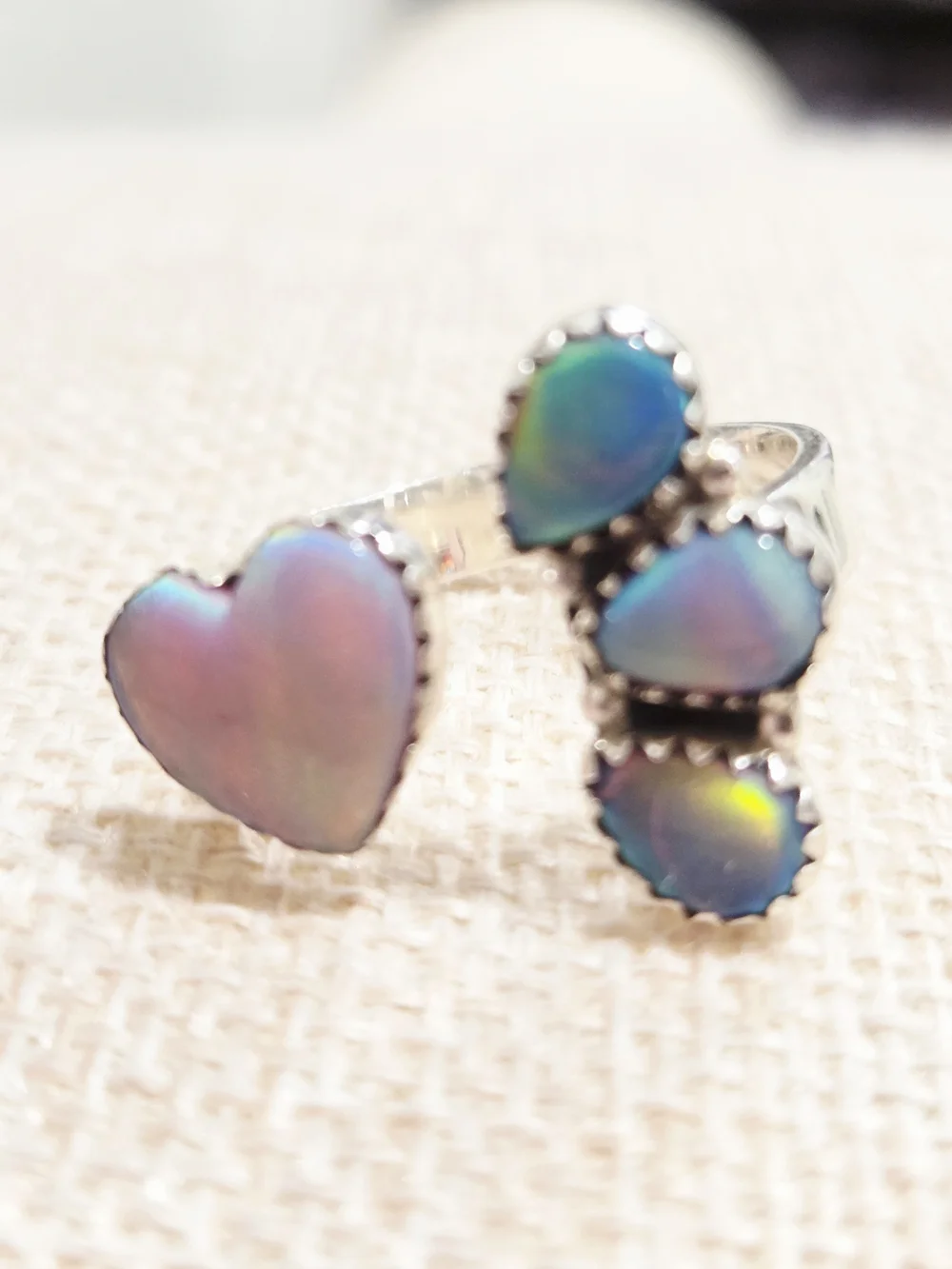 Sterling Silver Iridescent Opal Heart & Teardrop Ring - Pink Blue